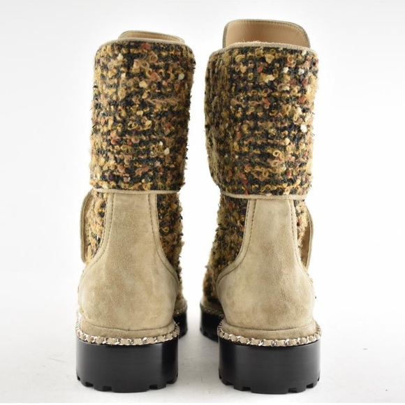 Chanel Citizen Brown Beige Green Tweed CC Chain Pearl Combat Tall Boots 39.5 - Picture 6 of 11